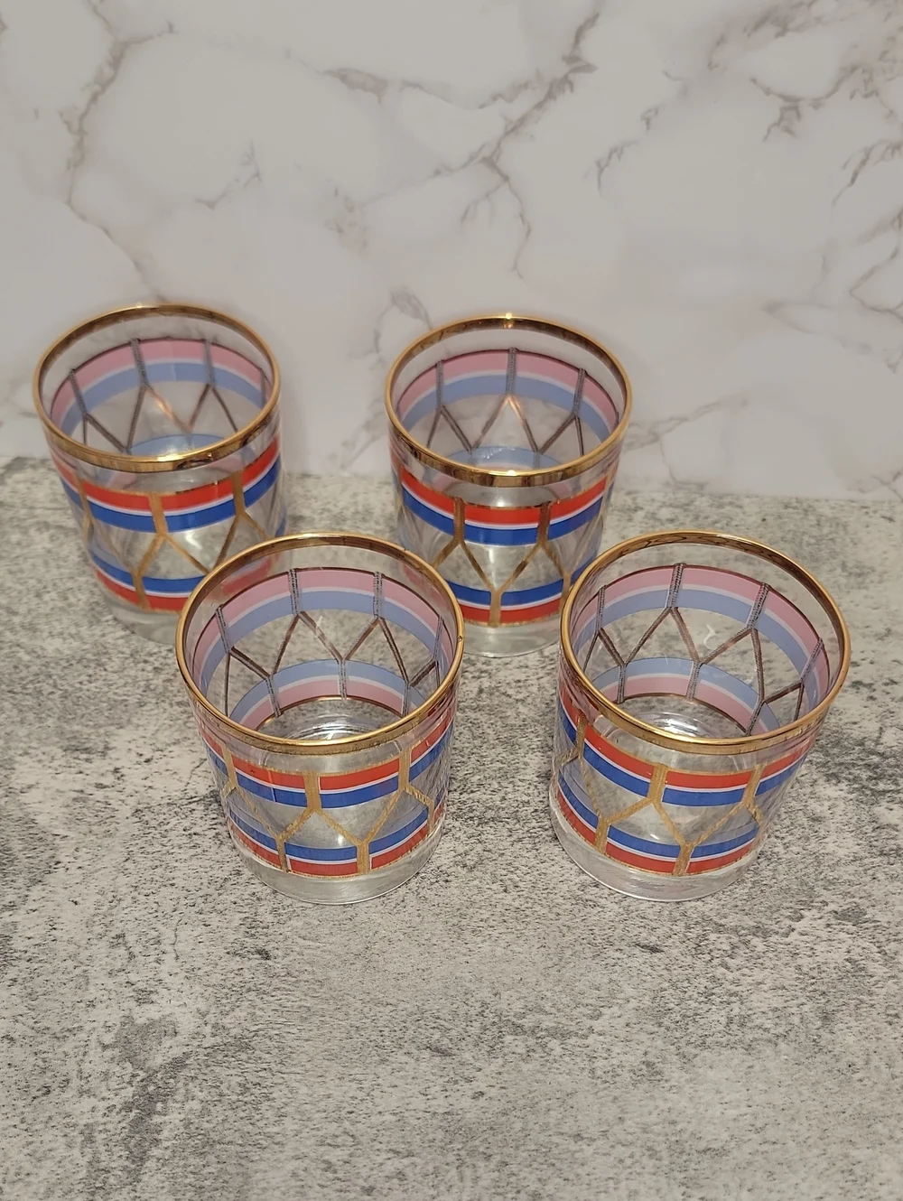 Vintage Fabrico Red and Blue Gold Rim Rocks Glasses Set of Four